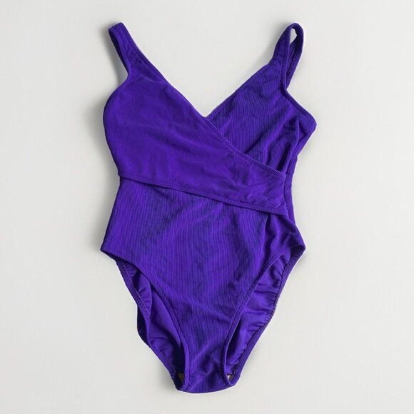 Vintage Bathing Suit Shell Beach One Piece Purple Crossover Front Ribbed EST. Lg - Picture 5 of 12